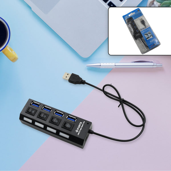 4 Port USB, HUB USB 2.0 HUB Splitter High Speed with On/Off Switch Multi LED Adapter Compatible with Tablet Laptop Computer Notebook