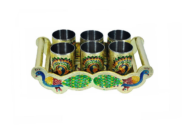 2125 Peacock Design Glass with Handle and Handicraft Serving Tray Set 