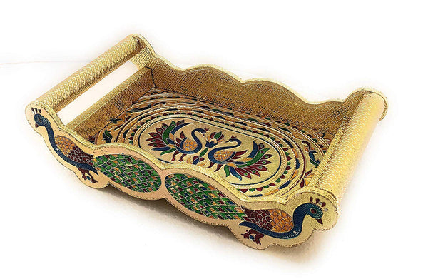 2125 Peacock Design Glass with Handle and Handicraft Serving Tray Set 